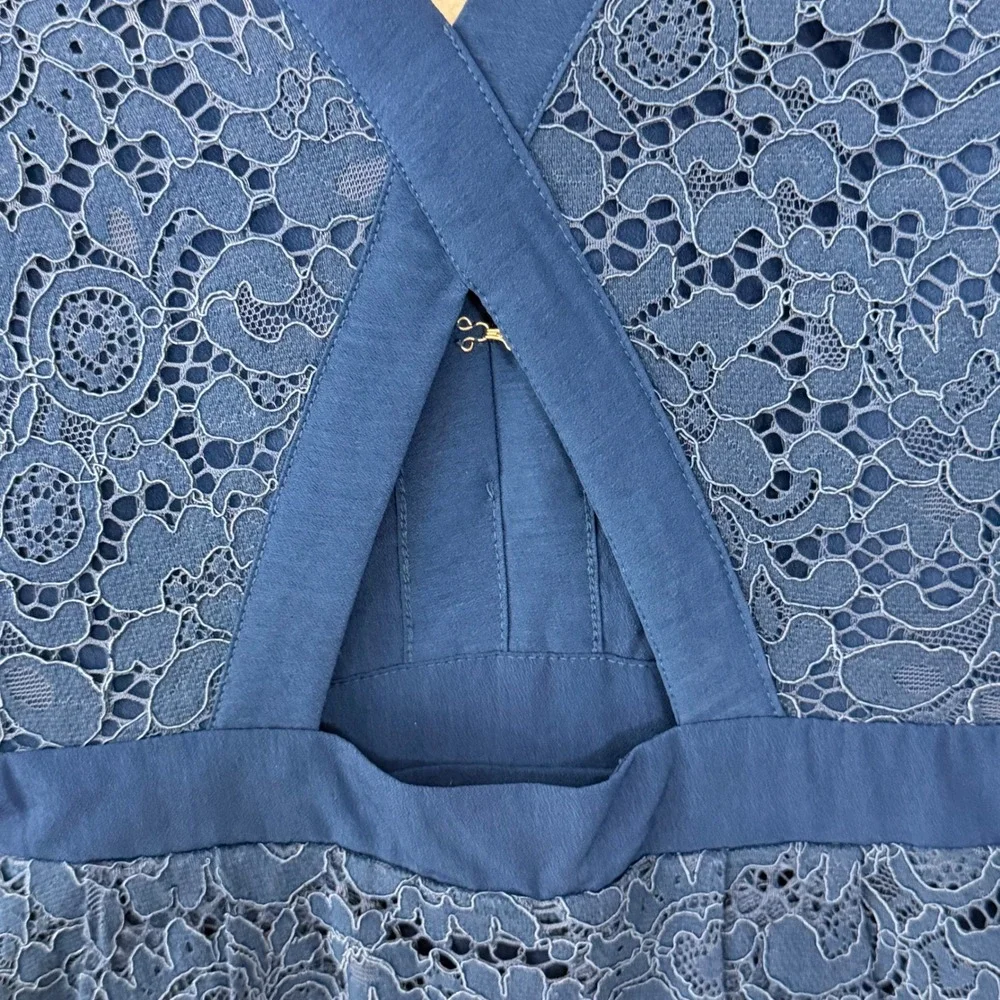 Free People Lovely In Lace Mini Dress L Blue Cutout Back Pockets Boho Coquette